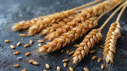 Wheat ears with wheat grains on dark background - obrazy, fototapety, plakaty