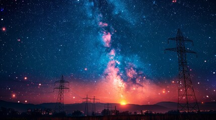 View of media antennas and high voltage power tower silhouettes against a night city on the horizon and the Milky Way in a clear night sky from below - obrazy, fototapety, plakaty
