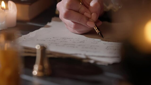 Antique female writing with old feather pen. Woman in renaissance dress writing a love letter with vintage quill pen on old parchment papers sheet.