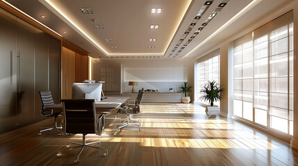 Fototapeta na wymiar Modern minimalist office interior design incorporating minimalist task lighting