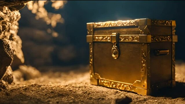A golden treasure chest found in a cave
