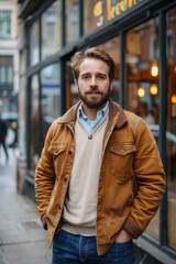 Fototapeta premium Handsome smiling, happy and pleased stoic man with positive vibes. Portrait of a joyful young man with beautiful hair and fashionable clothes.