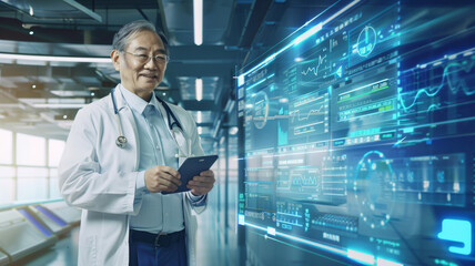 Future healthcare: Doctor with tablet and virtual medical screens.