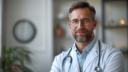 Doctor with white coat and glasses shows hand gestures on white isolated background, looks into camera, copy space, text area, health care - obrazy, fototapety, plakaty