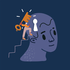 Cartoon vector illustration of woman hold key, female with love, opening males mind. Psychological concept
