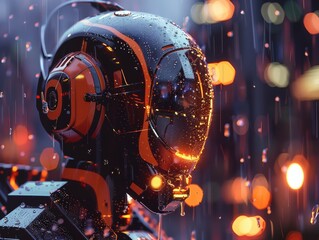Neon Rain on Sentinel, A futuristic helmeted figure stands vigil in a neon-lit rain, drops speckling the sleek surface as ambient lights cast a warm, cybernetic glow on the scene.