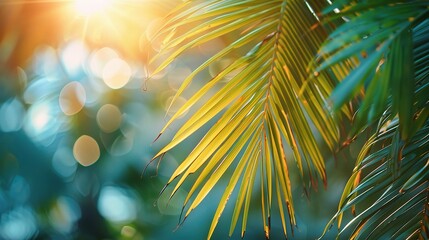 Fototapeta na wymiar Blur beautiful nature green palm leaf on tropical beach with bokeh sun light wave abstract background