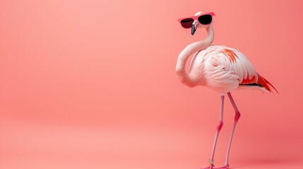 Fashionable Flamingo, A whimsical portrayal of a flamingo exuding style with oversized sunglasses, set against a seamless pink backdrop, embodying a playful fusion of wildlife and human fashion trends