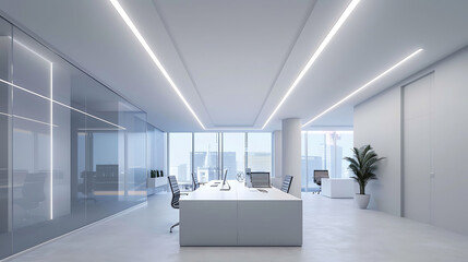 Modern minimalist office interior design featuring minimalist lighting fixtures
