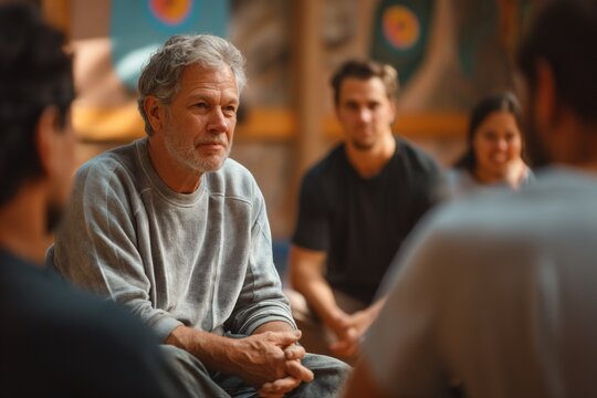 Diverse people sitting in a close circle and talking to a therapist. Group therapy session