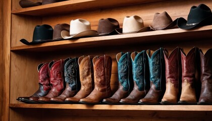 Wooden shelf with cowboy hats and boots