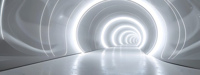 Obraz premium Empty 3D room with a white background, featuring a futuristic technology tunnel stage floor. Abstract space corridor with a silver road element creates a captivating and modern interior scene.