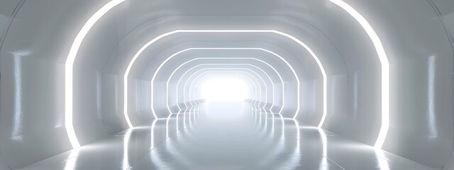  Empty 3D room with a white background, featuring a futuristic technology tunnel stage floor. Abstract space corridor with a silver road element creates a captivating and modern interior scene.
