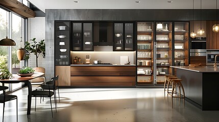Modern style kitchen featuring glass-front upper cabinets to display curated dishware - obrazy, fototapety, plakaty