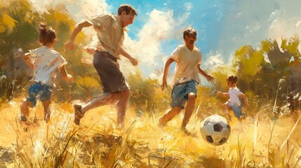 A family playing a friendly game of soccer in a sunlit field, filled with energy and laughter. - obrazy, fototapety, plakaty