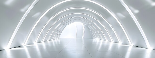 Empty 3D room with a white background, featuring a futuristic technology tunnel stage floor. Abstract space corridor with a silver road element creates a captivating and modern interior scene.