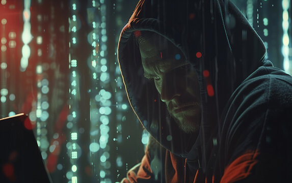 a Hacker with his laptop, hood on head, face in shadow. Sense of fear and danger in the air, a cyber criminal is going to commit a crime against innocent people and unaware of the danger.