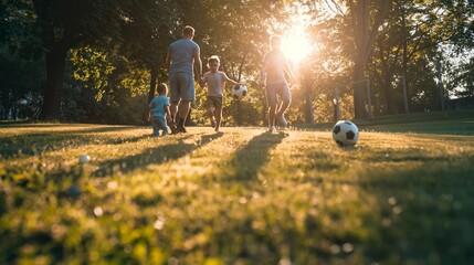 A family playing a friendly game of soccer in a local park, filled with joy and sportsmanship. - obrazy, fototapety, plakaty