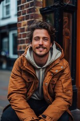 Obraz premium Handsome smiling, happy and pleased stoic man with positive vibes. Portrait of a joyful young man with beautiful hair and fashionable clothes.