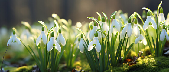 Close up of Snowdrop flowers on green background ..