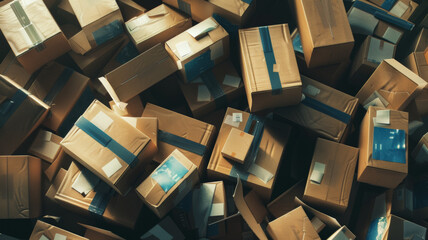 Overhead view showing chaos of scattered boxes in a logistics center.