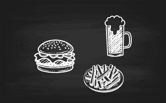 Kreidegemaltes Men&uuml; mit Hamburger, Pommes und Bier auf Schwarzer Tafel: Vektorgrafik Illustrationen
