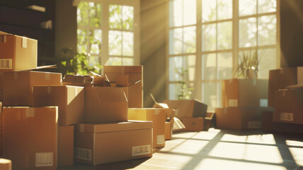 Morning light filters through spacious room filled with moving boxes.