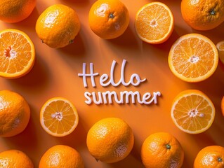 seamless pattern made of fresh oranges on orange background, with the text 