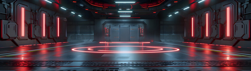 Obraz premium Futuristic Space Station Interior: Abandoned Helipad in Sci-Fi Hangar Illuminated by Red Neon Lights