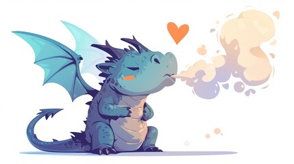 Naklejka premium A baby dragon blowing heart-shaped smoke rings