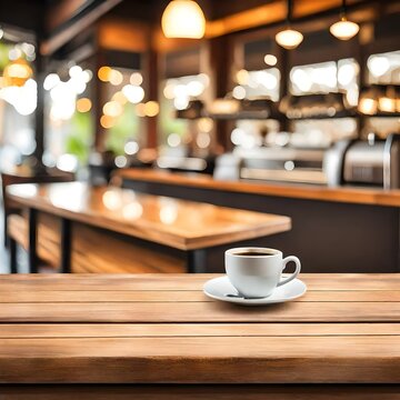 Cup of coffee on wooden table and coffee shop blur background with bokeh image.