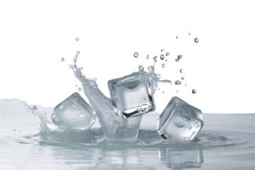 Set of floating ice cubes with splashes isolated on a transparent background