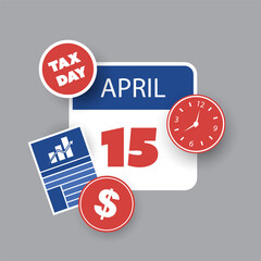 Tax Day Reminder Concept - Calendar Page, Vector Element Template with Dollar Sign, Clock and Chart Design - USA Tax Deadline, Due Date for IRS Federal Income Tax Returns:15th April, Year 2024 - 759586110