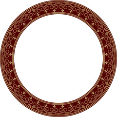 Vector golden and red round Yakut ornament. Endless circle, border, frame of the northern peoples of the Far East.