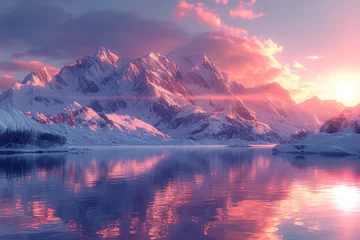 Zelfklevend Fotobehang Reflectie Glacial peaks reflecting the warm hues of a setting sun, illustrating the serene interplay of opposing elements. Concept of twilight convergence. Generative Ai.