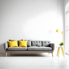 Grey sofa with bright yellow pillows against white wall. Scandinavian home interior design of modern living room.