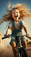 Obraz na płótnie Canvas A joyful girl is riding a bike. A happy child on a bicycle in motion. Close-up.