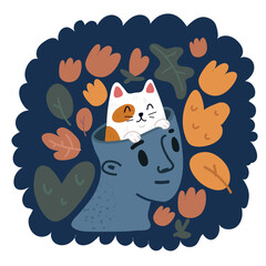 Cartoon vector illustration of cat in mind of man