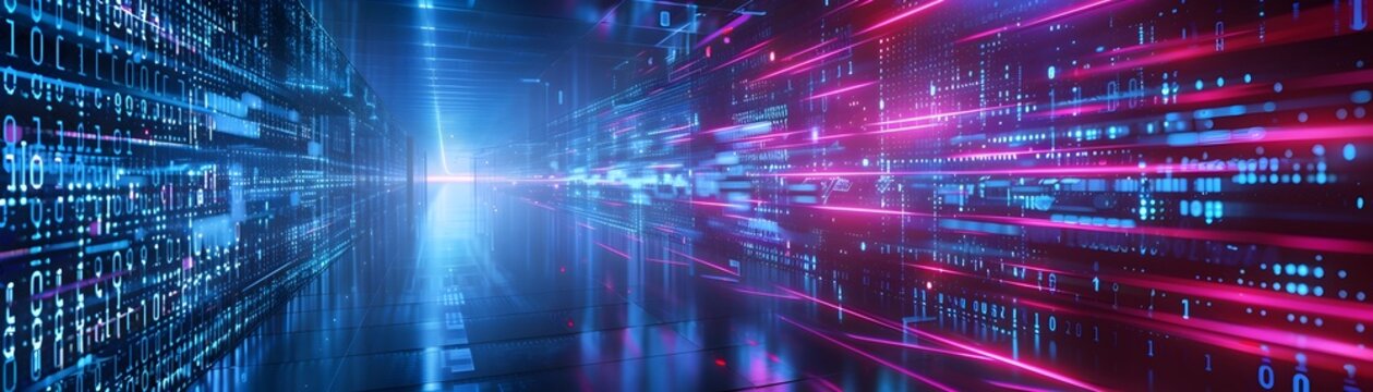 Glowing Neon Binary Code Lights Up Futuristic Data Center