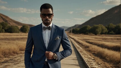 Handsome african american man in a blue suit and bow tie posing on the road