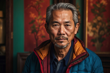 Gedankenvolle Ruhe: Porträt eines würdevollen chinesischen Seniors - obrazy, fototapety, plakaty
