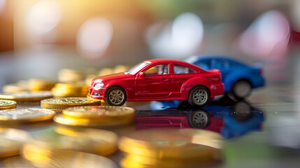 Fototapeta na wymiar Toy cars with gold coins show To growth saving money. generative ai 