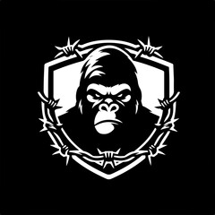 Gorilla head with barbed wire and shield. Vector illustration.