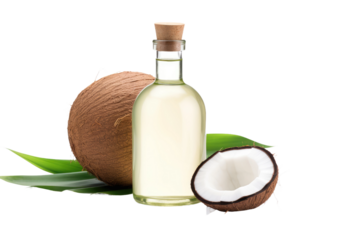 Coconut Oil Bottle Next to Half Coconut. on a White or Clear Surface PNG Transparent Background.