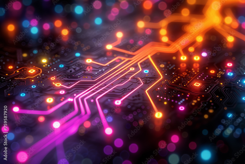 Poster a grayscale circuit board evolving into a network of colorful connections, symbolizing the intricate