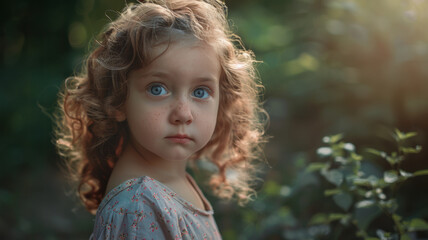 Innocent child with captivating blue eyes in a sunlit forest glade.