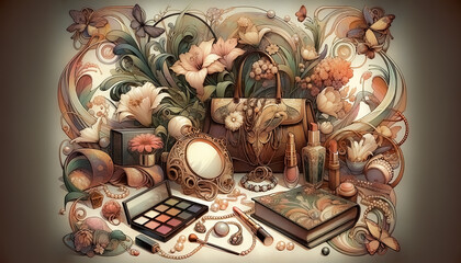 Art nouveau style collage for Mother's Day consists of hats, bags, mirrors, glasses, jewelry, make-up, books, pens, flowers, butterflies and pearls.