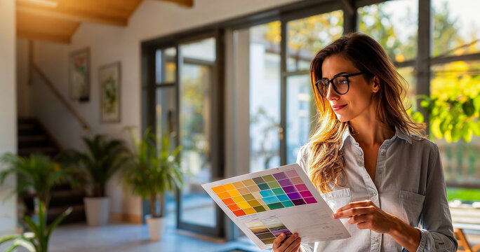 jeune femme, d&eacute;coratrice d'int&eacute;rieur, qui regarde un nuancier de couleurs