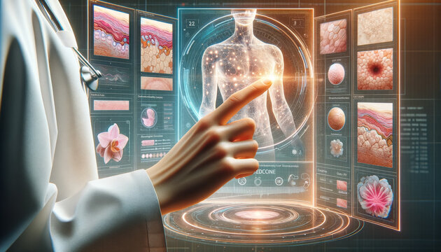 Doctor Using High Tech Diagnostic Panel Hologram Human Body. Modern Medical Science In The Future. 