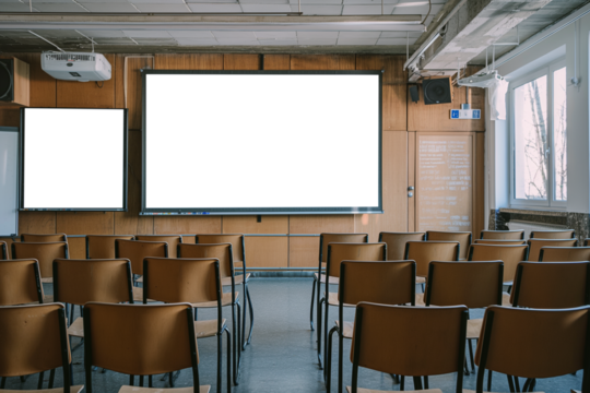 Classroom with projector screen and transparent screen